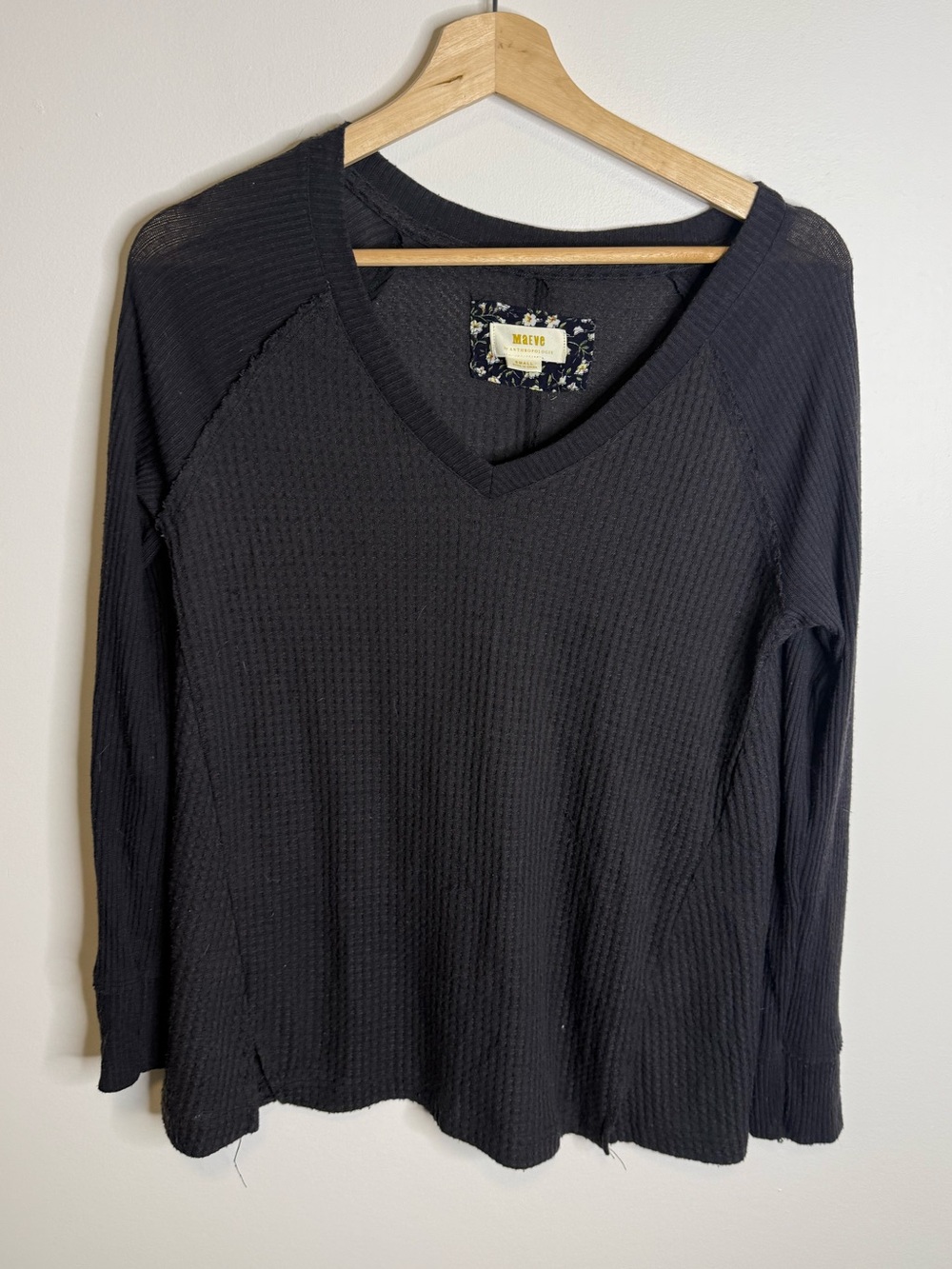 Maeve Black Waffle V-Neck Long Sleeve Top Anthropologie size small